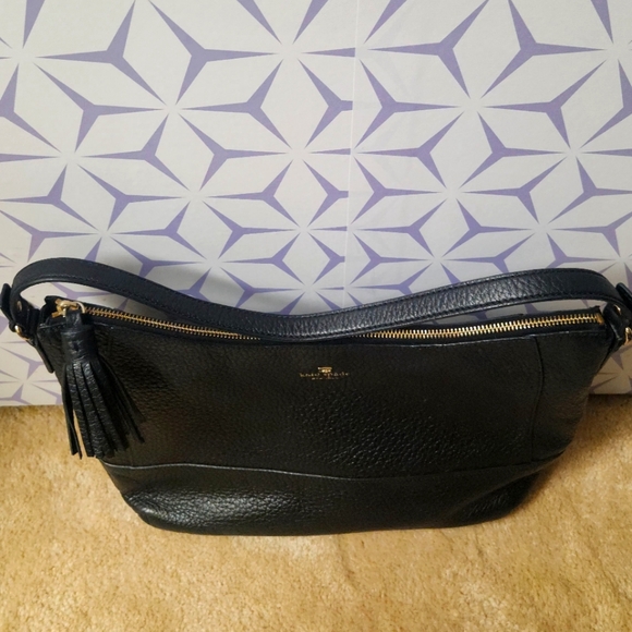 Kate Spade Black Leather Shoulder Bag Pebbeled Black Leather Striped Interior - Picture 3 of 9